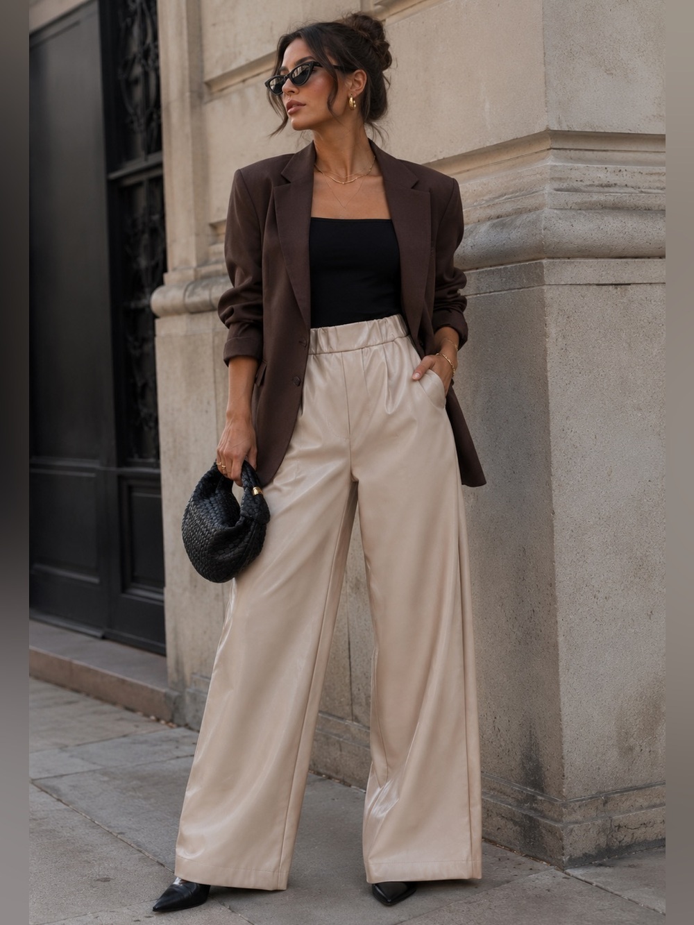 TWINS Italy Beige Faux Leather Wide Leg Pants NWT Size S